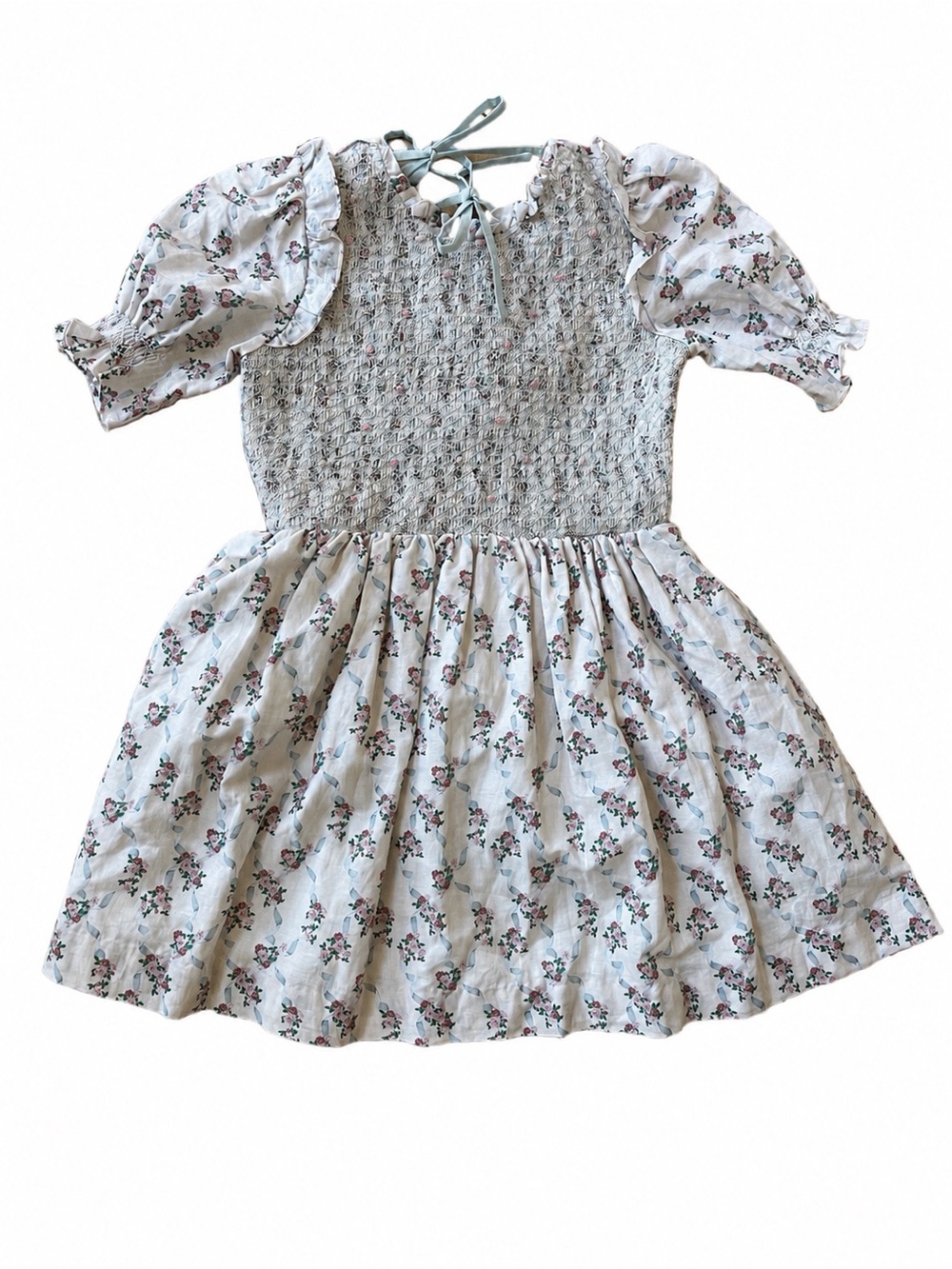 Dondolo Women’s Small Floral Smocked Linen Blend Puff Sleeve Cottagecore Dress